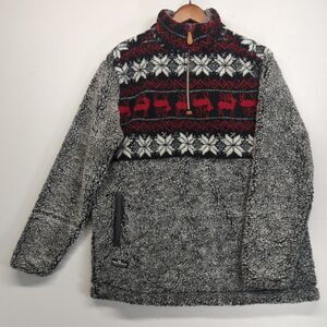 Simply Southern Deer Sherpa Pullover Quarter Zip Gray Red Fair Isle XL